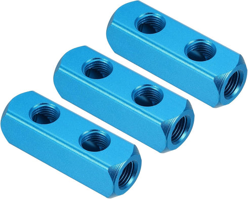 PATIKIL 2 Way 5 Port Air Manifold, 3 Pack G1/4 Inch Aluminum Air Hose Inline Manifold Block Splitter Pneumatic Air Hose Fitting, Blue...