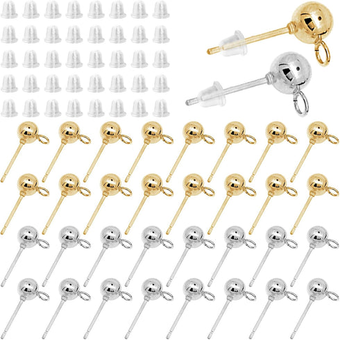120Pcs Hypoallergenic Ball Studs for Jewelry Making,Round Ball Earring Posts Ball Post Earring Studs with Loop and 200Pcs Clear Earring Backs for ...