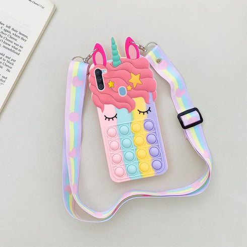 Fun Case for Samsung Galaxy A11, Fidget Toys Stress Relief Phone Case with Strap, Push Pop Bubble 3D Cartoon Funny Kawaii Cute Silicone Cover for ...