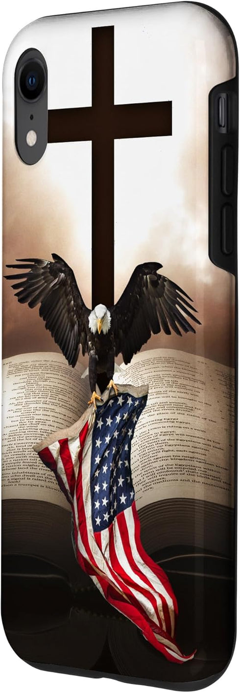 iPhone XR Pretty Christian Cross Bible A Bald Eagle Grip American Flag Case...