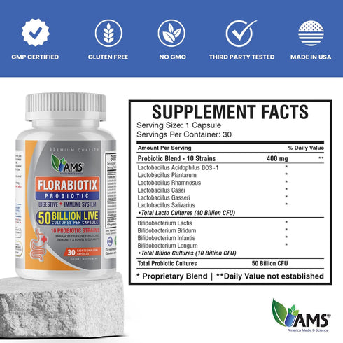 America Medic & Science Florabiotix Probiotic (30 Capsules) | Dietary Supplement for Men and Women| 50 Billion Live Cultures | 10 Probiotic Strain...
