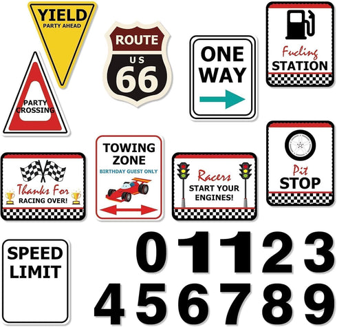 WERNNSAI Racing Car Party Decorations - 10PCS Funny Car Birthday Decoration Signs for Boys Kids Racing Car Theme Party Supplies Racing Cars Route ...
