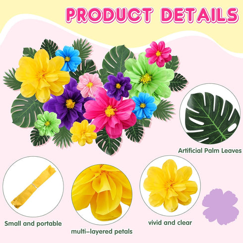 42 Pcs Tissue Paper Flowers Faux Palm Leaves Set 12 Pcs 20''/10'' Colorful Giant Paper Flowers and 30 Pcs Tropical Leaves for Summer Hawaiian Luau...