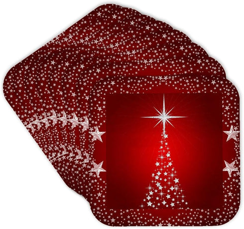 3dRose Silver Star Christmas Tree with Holiday Red Background - Soft Coasters, Set of 8 (CST_164753_2)...