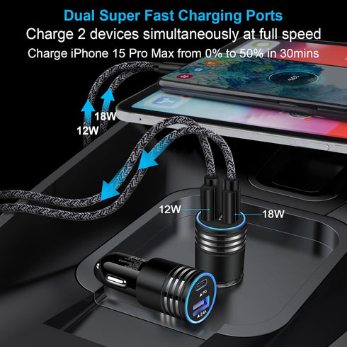 USB C Car Charger, 30W Fast Car Phone Charger Adapter 3FT USB C to USB C Cable for iPhone 15/15 Pro/15 Pro Max/15 Plus, Samsung S24 S23, Google Pi...