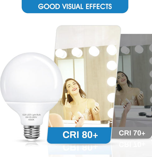G25 LED Globe Bulb, 60 Watt Equivalen Vanity Light Bulbs for Bathroom, 4000K Natural Daylight White Mirror Round Light Bulb, E26 Base for Hollywoo...
