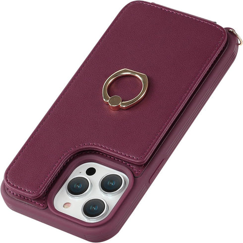 for iPhone 15 Pro Case with Card Holder for Women,iPhone 15 Pro Phone Case with Strap,Crossbody Lanyard,Ring Stand,Snap Clasp,Cute Wallet Case 6.1...