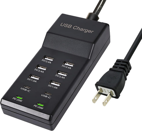 USB Charger,100W USB Charging Station with 10-Port(6 USB-A Port&2 USB-C Port&2 PD20W) Compatible with iPhone 15/14/13/13pro Max 12/12 Mini/12Pro/1...