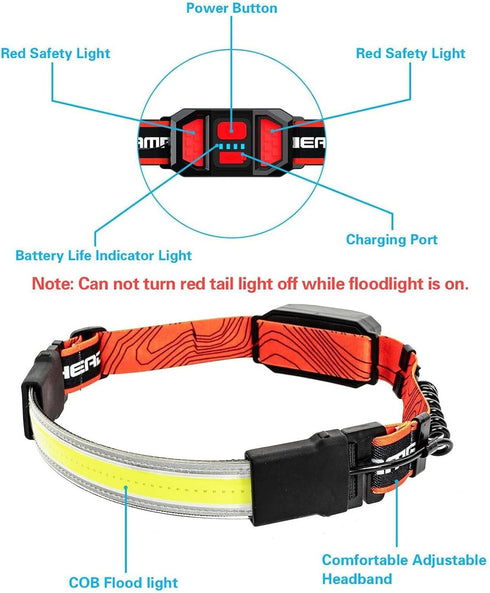 COSOOS Rechargeable Headlamp Flashlight, Bright Wide Beam LED Head Lamp, Adjustable Headband for Adults & Kid, Red Tail Light, 500Lumen, Lightweig...
