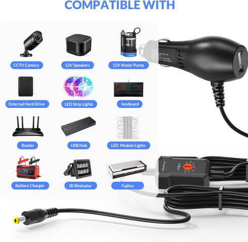 34W Car Charger Adapter with 5V 2A USB Port, 3V 4.5V 5V 6V 7.5V 9V 12V 2A Auto Cigarette Lighter Male Plug Truck Power Supply Adapter Cable for Ca...