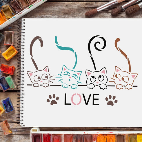 FINGERINSPIRE Cat Stencils 11.7x8.3 inch Love Cat Pattern Stencil Reusable Cat Stencil Cat Paw StencilsCat Theme Painting Template Pet Friend Anim...