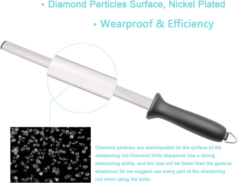 12inch Diamond Houselold Sharpening Rod, Professional Kitchen Knife Sharpener Steel, Premium Knife Blades Honer, Ideal for Master Chef, Home Cooki...
