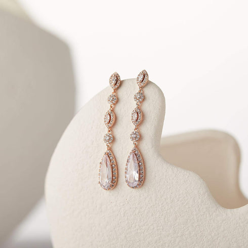 SWEETV Long Pear-Shaped Rose Gold Wedding Birdal Earrings for Brides, Bridesmaids, Crystal Chandelier Dangle Drop Earrings for Women Prom...