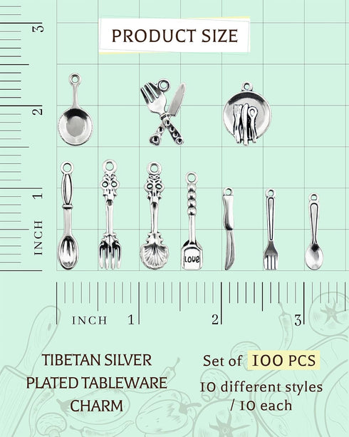 JIALEEY 100pcs Fork Knife Spoon Pan Tableware Charms Beads Necklace Pendants DIY for Jewelry Making and Crafting, Tibetan Silver Plated Tableware ...