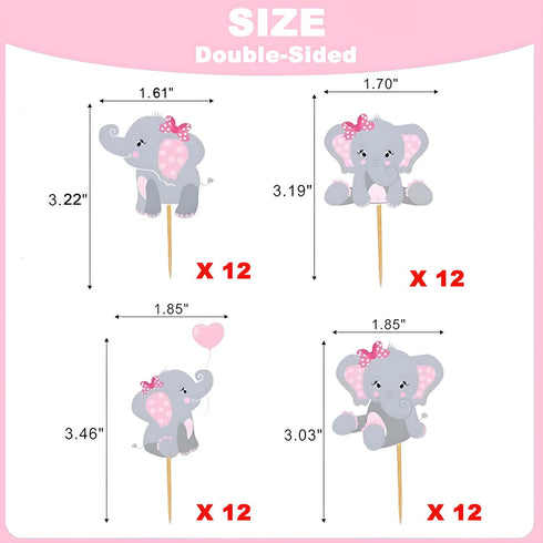 Finduat 48 Pieces Pink Elephant Cupcake Toppers for Girl Baby Shower Decorations Supplies, Baby Girl Birthday Party Supplies(Double Sided)...