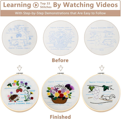Dortusen 3 Sets Embroidery Kit for Beginners Adults Learn Different Stitches DIY Kits Includes Embroidery Tools Easy to Follow Instruction Embroid...