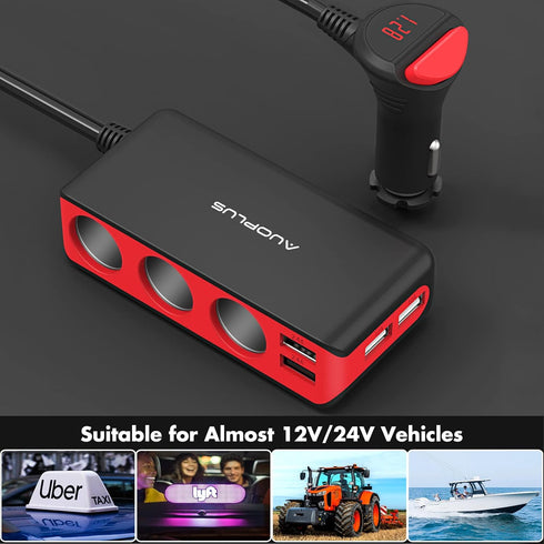 AUOPLUS 120W 3 Socket Cigarette Lighter Splitter Car Charger Adapter, LED Voltage Display Dual 4 USB Chargers(6.8A), Car Charger On/Off Switches 1...