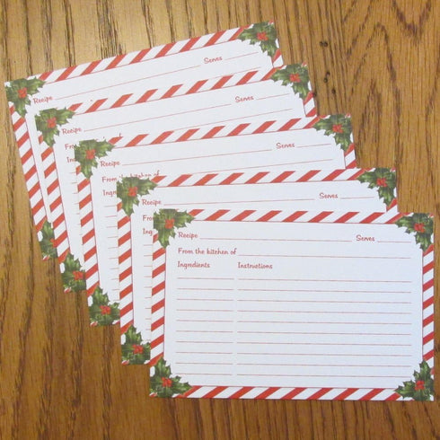 50 Double-Sided 4x6 Recipe Cards with Red Stripe and Christmas Holly Design - Perfect for Christmas Recipes...