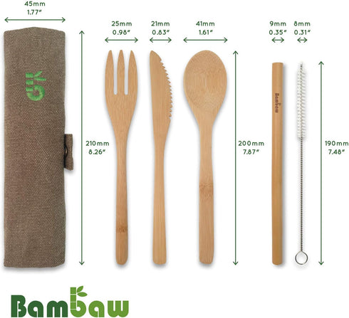 Bamboo Cutlery Set | Travel Cutlery Set | Eco Friendly Flatware Set | Knife, Fork, Spoon and Straw| Wooden Cutlery Set | Camping Cutlery Set with ...