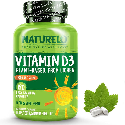 NATURELO Vitamin D - 5000 IU - Plant Based from Lichen - Natural D3 Supplement for Immune System, Bone Support, Joint Health - High Potency - Vega...