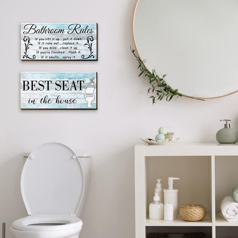 Jetec 2 Pieces Funny Bathroom Pictures Wall Sign Decor Farmhouse Bathroom Rule Wall Art Toilet Rustic Decoration Best Seat Wooden Sign(Fresh Style...