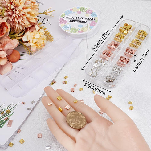 CREATCABIN 300Pcs 2 Hole Tila Beads Kit 6 Styles Mix Glass Seed Beads Bulk Rectangle Mini Opaque Square Beading Needles Elastic Thread for Craft B...