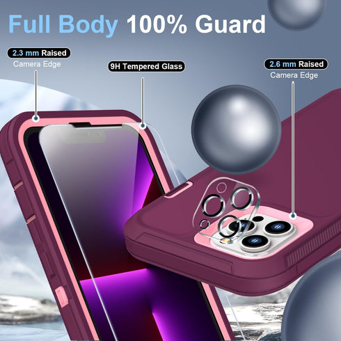 FEIYAR HOME for iPhone 13 Pro Max Heavy Duty Case with 2 Tempered Glass Protectors and Camera Lens Protector, Belt Clip Holster Kickstand - Milita...
