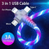 3 in 1 LED RGB USB Charging Cable, USB C, Micro B, and 1 pin for I Products...