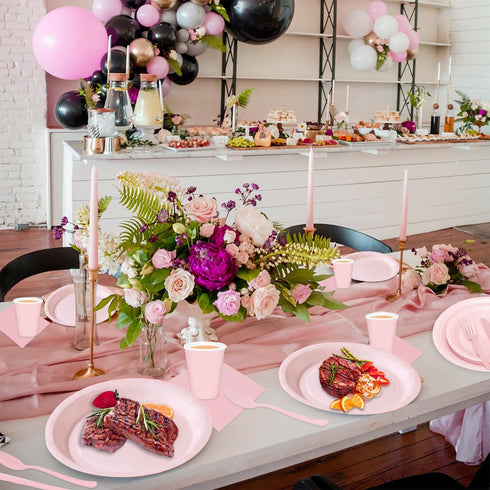 Pink Party Birthday Supplies, Pink Paper Plates Napkins Cups, Disposable Dinnerware Set Serves 25, Pink Plastic Forks Knives Spoon for Wedding Bri...