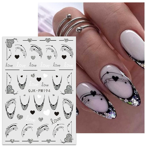 JMEOWIO 10 Sheets Glitter Flower Butterfly Leaves Nail Art Stickers Decals Self-Adhesive Pegatinas Uñas Black White Nail Supplies Nail Art Design ...