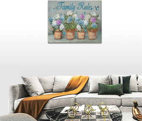 Nopenta Farmhouse Hydrangea Flower Wall Art Rustic Floral Butterfly Wall Decor Pictures Family Rules Canvas Print Painting Artwork Home Decoration...
