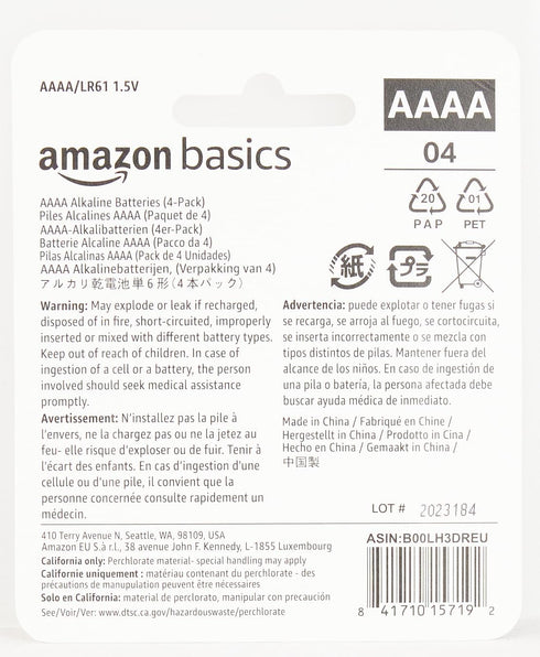 Amazon Basics 4-Pack AAAA Alkaline High-Performance Batteries, 1.5 Volt, 3-Year Shelf Life...