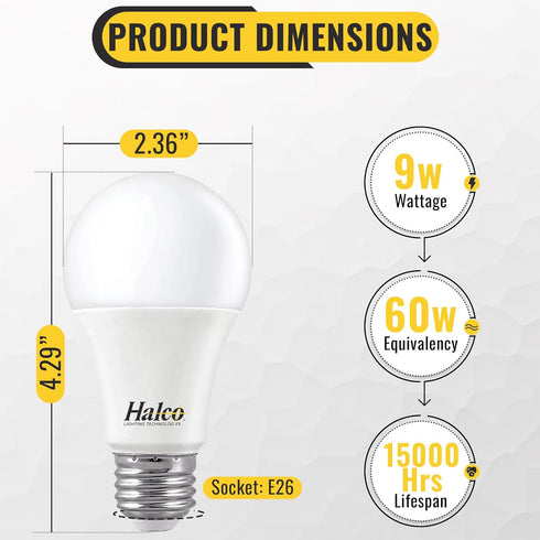 Halco ProLed Led Light Bulbs A19 2 Non Dimmable, Frosted 120V, 60W Equivalent Efficient 9W, 720 Lumen, 15000 Hours, E26, 6 Pack (4000k Cool White)...