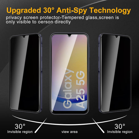 3 Pack Privacy Screen Protector for Samsung Galaxy A25 5G With 3 Pack Camera Lens Protector, Anti Spy Tempered Glass 9H Hardness, Black Protector ...