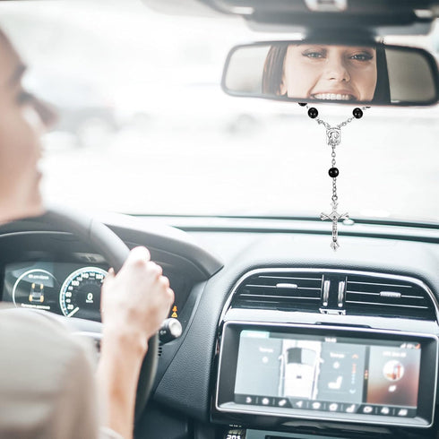 4 Pieces Auto Rosary for Rearview Mirror Pearl Glass Beads Catholic Bracelet Rosary Beads Catholic for Woman Men Car Rosary with Cross Crucifix Ro...