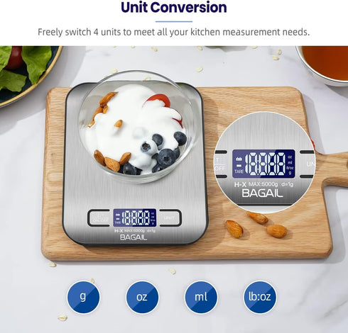 BAGAIL BASICS Digital Kitchen Scale, Premium Stainless Steel Food Scales Weight Grams and Oz for Baking and Cooking, 11lb/5kg with 0.1oz/1g Precis...