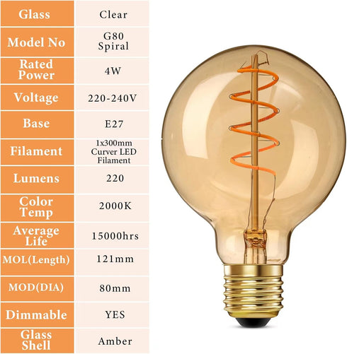 HEWASOL Spiral Dimmable LED Edison Bulbs G80E26 Screw, Non Flicker, 4W Retro Filament LED Vintage Light Bulbs, Soft Warm White 2000K, High CRI95, ...