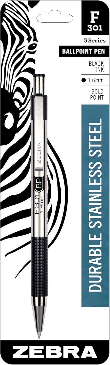 Zebra Pen F-301 Retractable Ballpoint Pen, Stainless Steel Barrel, Bold Point, 1.6mm, Black Ink, 1-Pack......