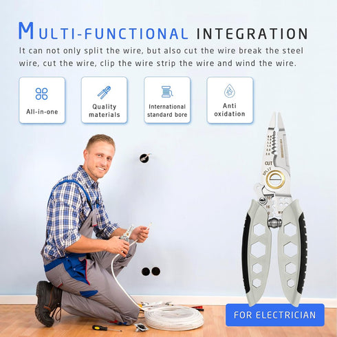 Wire Stripper Cutter Crimper Hexagonal Wrench Tool - 7 Inch, Professional Electrical Multi-Function Hand Tool, 9 in 1 Wire Stripping, Cutting, Cri...
