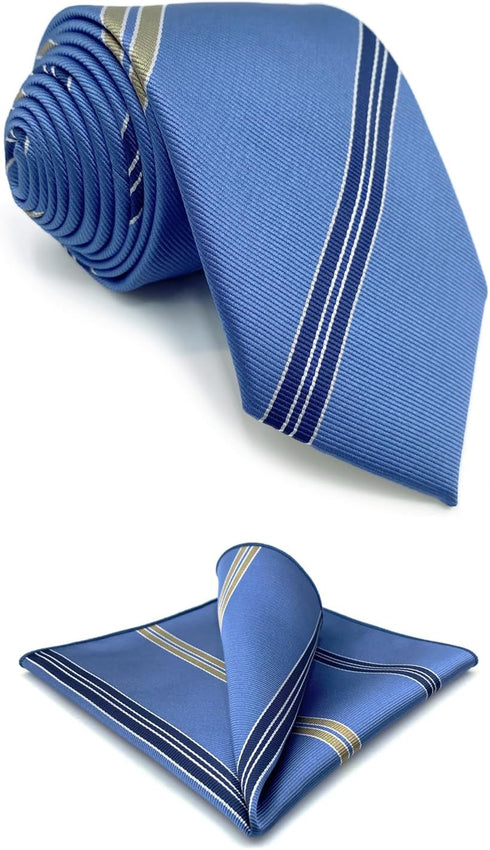 S&W SHLAX&WING Ties for Men Suits Steel Blue Stripes Business Necktie Set with Matching Pocket Square 57.5"...