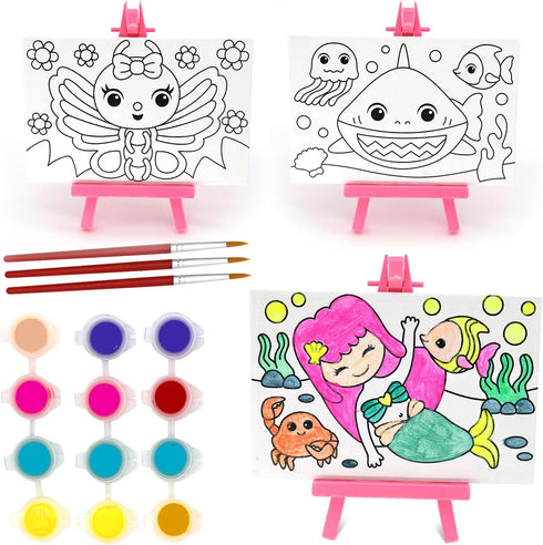 VKPI Pre-Drawn Canvas Painting Set with Mini Easel for Kids, Watercolor Art Supplies Kit with 3 Printed Canvases, 3 Plastic Easels, Paint Pots and...