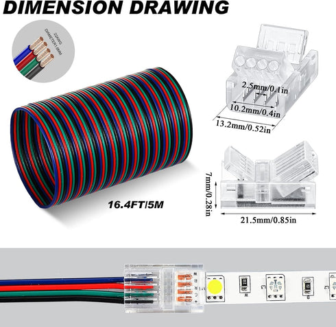 20 Pack 4 Pin 10mm Solderless LED Strip Connector Transparent Track Lighting Connectors LED Pin Connector, with Wire Strip Lights 16.4ft LED Strip...