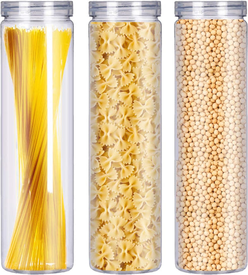 FEOOWV Set of 3Pcs Clear Plastic Food Storage Jar with Lid, Round Transparent Skinny Storage Container for Spaghetti, Pasta and Dry goods(2.1" Dia...
