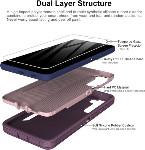 Dahkoiz for Samsung Galaxy S21 FE 5G Case, and Glass Screen Protector, Dust Proof Port Cover, Full Body Protection Durable Rubber Cover Phone Case...