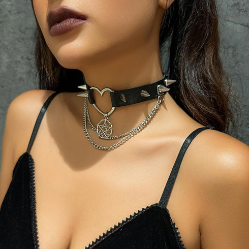 Spike Rivet Adjustable Heart Choker Metal Studded Pink Faux Leather Necklace Y2K Star Punk Halloween Cosplay Jewelry Gifts...