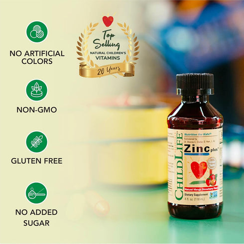 CHILDLIFE ESSENTIALS Liquid Zinc Plus for Kids & Toddler - Liquid Supplement Drops, Zinc Gluconate & Copper for Immune Support - Mango Strawberry,...