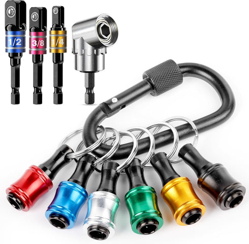 Katerk Bit Holder Key chain Gadgets for Men - 1/4 Drill Bit Holder 6Pcs, w/Drill Socket Adapter 3 Sizes 1/4" 3/8" 1/2", w/ 105° Multifunction Righ...