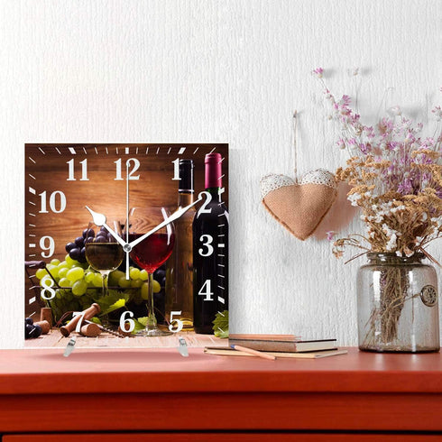 Wine Wall Clock,Glasses Of Red And White Wine Served With Grapes French Gourmet Tasting Print Decorative 10 Inch Square Silent Non-ticking Wooden ...