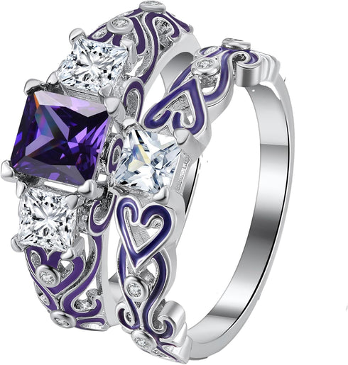 Ginger Lyne Collection Cherri Purple Princess Cut Engagement Wedding Band Bridal Set...