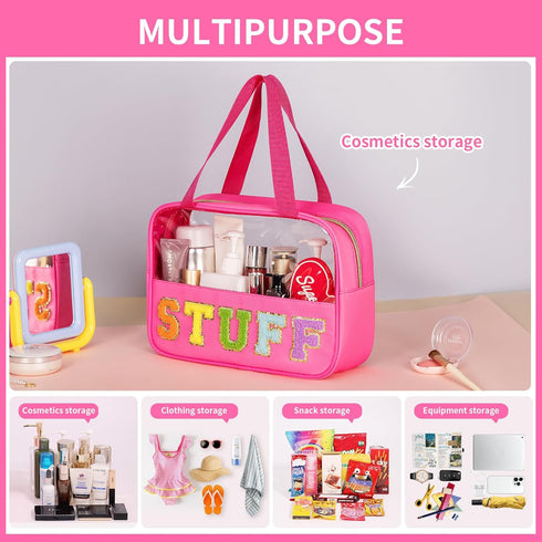 Chenille Letter Patch Clear Makeup Bag, Preppy Nylon Makeup Bag with Handle and Zipper, Waterproof Large Clear Travel Toiletry Bag Storage Bag for...
